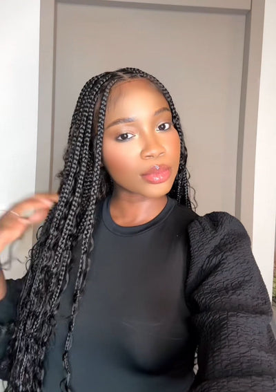 Perruque tressée boîte bohème sans nœuds, 100 % cheveux humains, boucles bohèmes, avec dentelle transparente intégrale et nouée à la main
