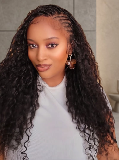 Avery - Perruque Tressée Complète en Cheveux Humains Pré-décolorés en 2 Étapes, Modèle Cornrows, avec Boucles Boho