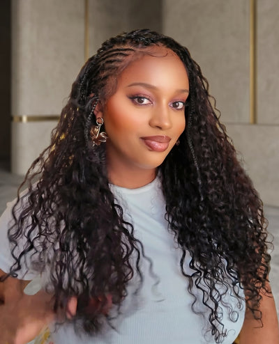 Avery - Perruque Tressée Complète en Cheveux Humains Pré-décolorés en 2 Étapes, Modèle Cornrows, avec Boucles Boho