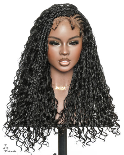 Avery Fulani Cheveux Humains Perruque Sans Colle Lace Suisse HD Tressée en Cornrows Devant Tresses Boîte Bohème Ondulées 60 cm