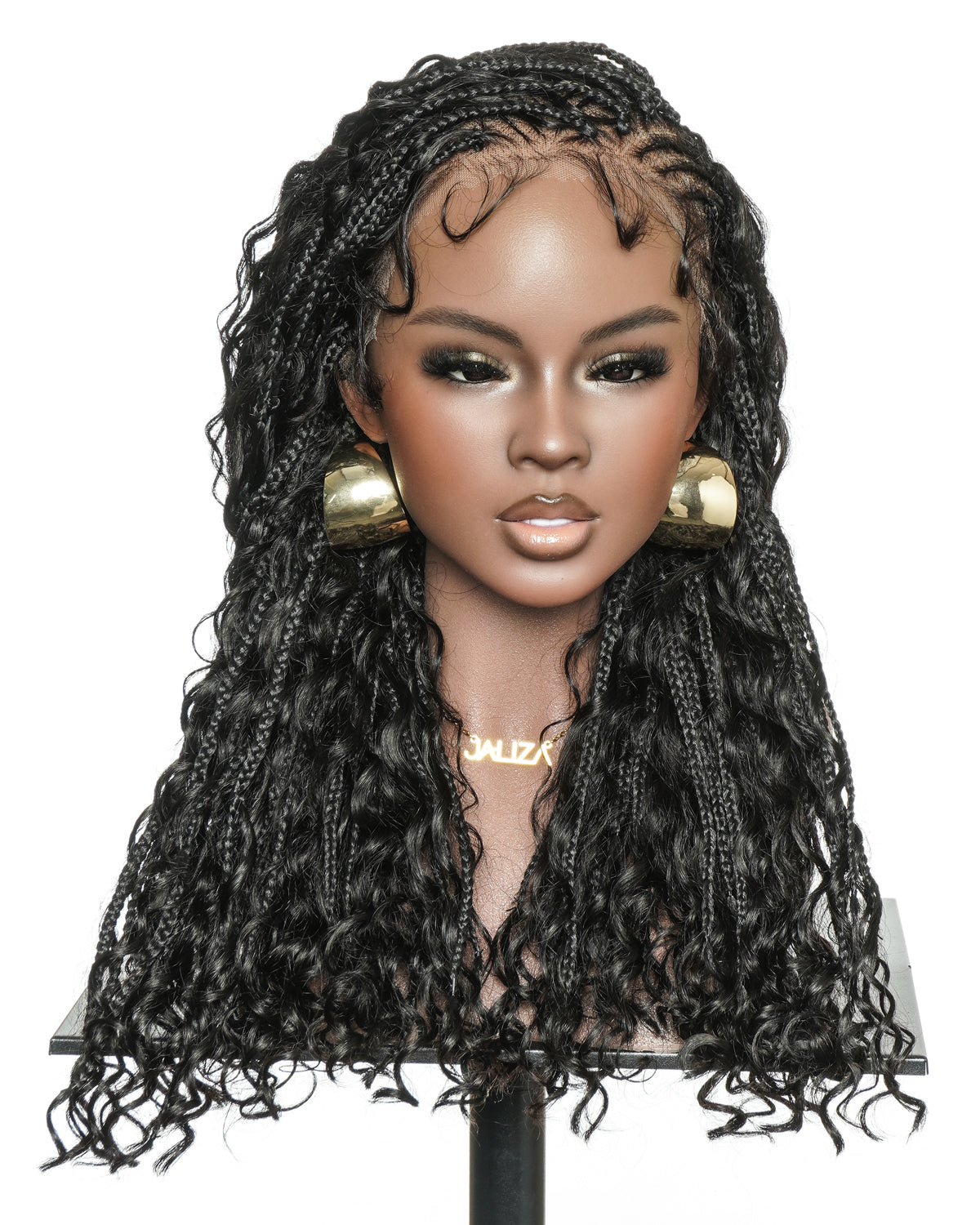 Avery Fulani Cheveux Humains Perruque Sans Colle Lace Suisse HD Tressée en Cornrows Devant Tresses Boîte Bohème Ondulées 60 cm