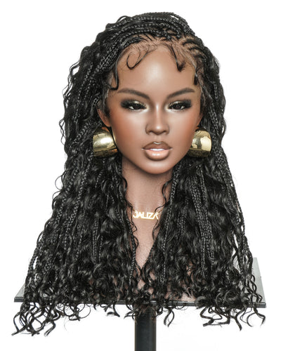 Avery Fulani Cheveux Humains Perruque Sans Colle Lace Suisse HD Tressée en Cornrows Devant Tresses Boîte Bohème Ondulées 60 cm