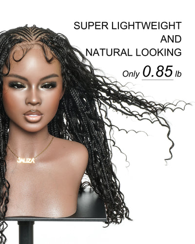 Avery Fulani Cheveux Humains Perruque Sans Colle Lace Suisse HD Tressée en Cornrows Devant Tresses Boîte Bohème Ondulées 60 cm