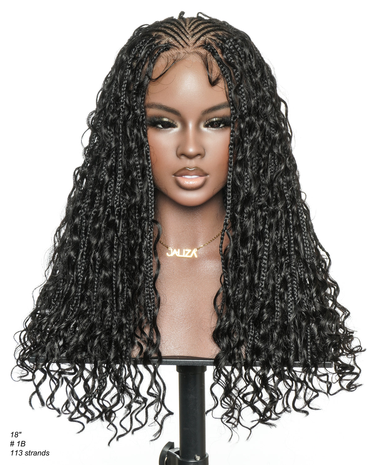 Avery Fulani Cheveux Humains Perruque Sans Colle Lace Suisse HD Tressée en Cornrows Devant Tresses Boîte Bohème Ondulées 60 cm