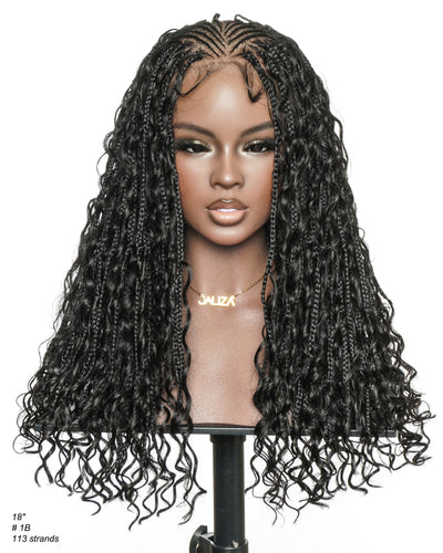 Avery Fulani Cheveux Humains Perruque Sans Colle Lace Suisse HD Tressée en Cornrows Devant Tresses Boîte Bohème Ondulées 60 cm