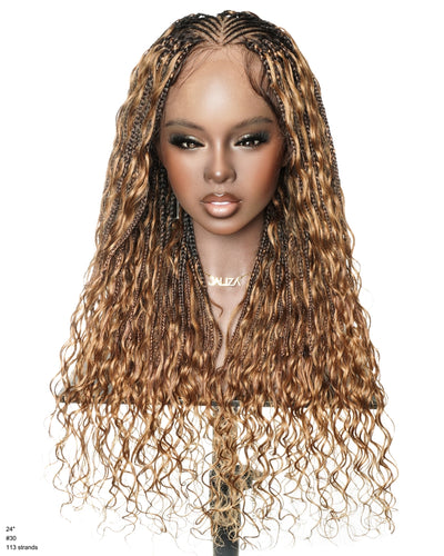 Avery Fulani Cheveux Humains Perruque Sans Colle Lace Suisse HD Tressée en Cornrows Devant Tresses Boîte Bohème Ondulées 60 cm