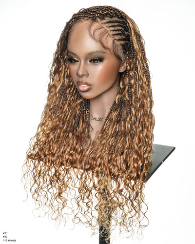 Avery Fulani Cheveux Humains Perruque Sans Colle Lace Suisse HD Tressée en Cornrows Devant Tresses Boîte Bohème Ondulées 60 cm