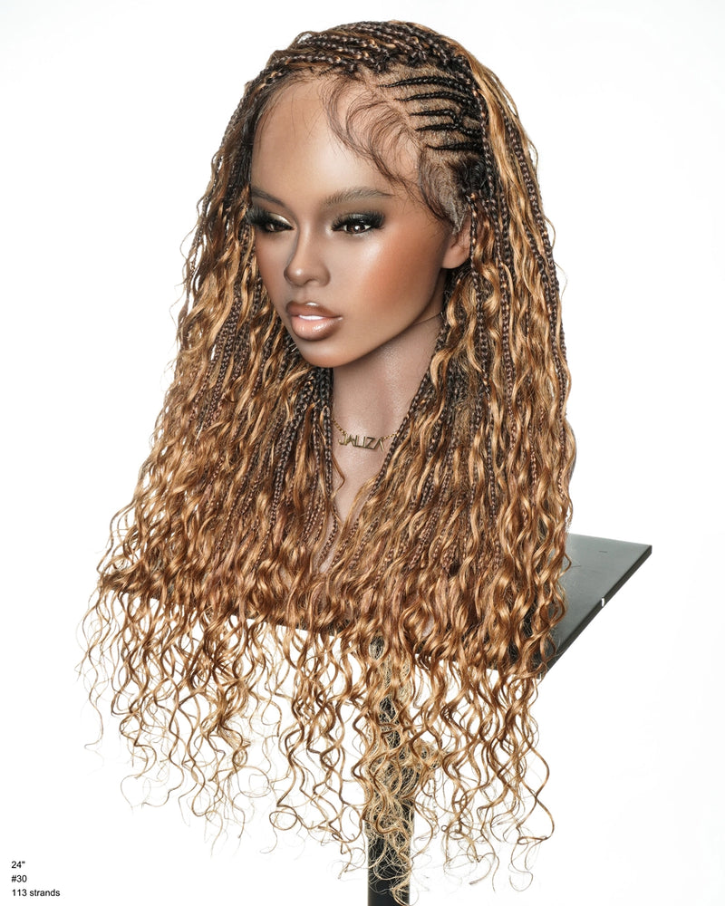 Avery Fulani Human Hair Glueless Swiss HD Lace Cornrow Frontal Flip Over Boho Box Braided Wig Deep Wave 24 Inches