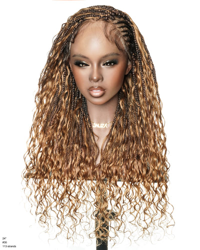 Avery Fulani Cheveux Humains Perruque Sans Colle Lace Suisse HD Tressée en Cornrows Devant Tresses Boîte Bohème Ondulées 60 cm