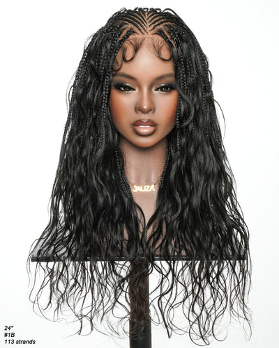 Avery - Perruque tressée de 24 pouces avec tresses Fulani Body Wave en cheveux humains et tresses cornrow style bohème