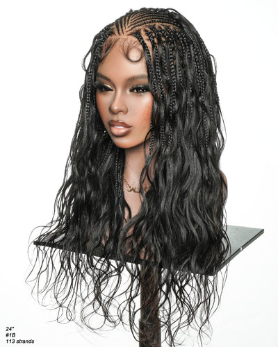 Avery - Perruque tressée de 24 pouces avec tresses Fulani Body Wave en cheveux humains et tresses cornrow style bohème