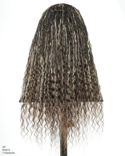 Avery - Perruque Tressée Complète en Cheveux Humains Pré-décolorés en 2 Étapes, Modèle Cornrows, avec Boucles Boho
