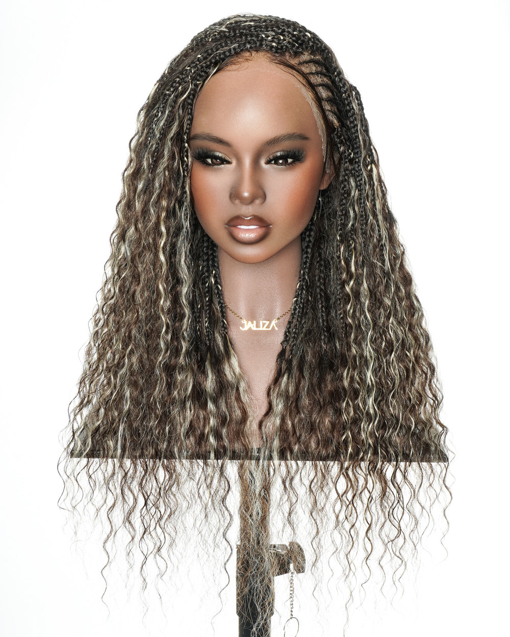 Avery - Perruque Tressée Complète en Cheveux Humains Pré-décolorés en 2 Étapes, Modèle Cornrows, avec Boucles Boho