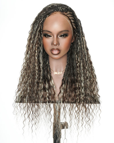 Avery - Perruque Tressée Complète en Cheveux Humains Pré-décolorés en 2 Étapes, Modèle Cornrows, avec Boucles Boho