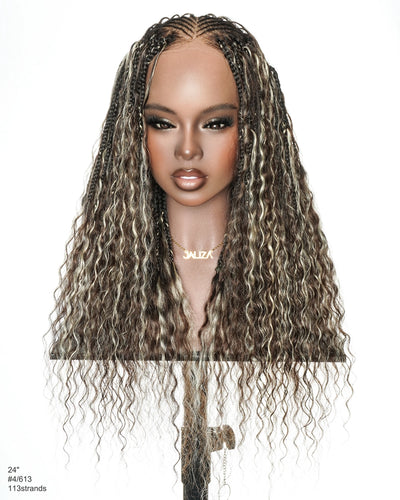 Avery - Perruque Tressée Complète en Cheveux Humains Pré-décolorés en 2 Étapes, Modèle Cornrows, avec Boucles Boho