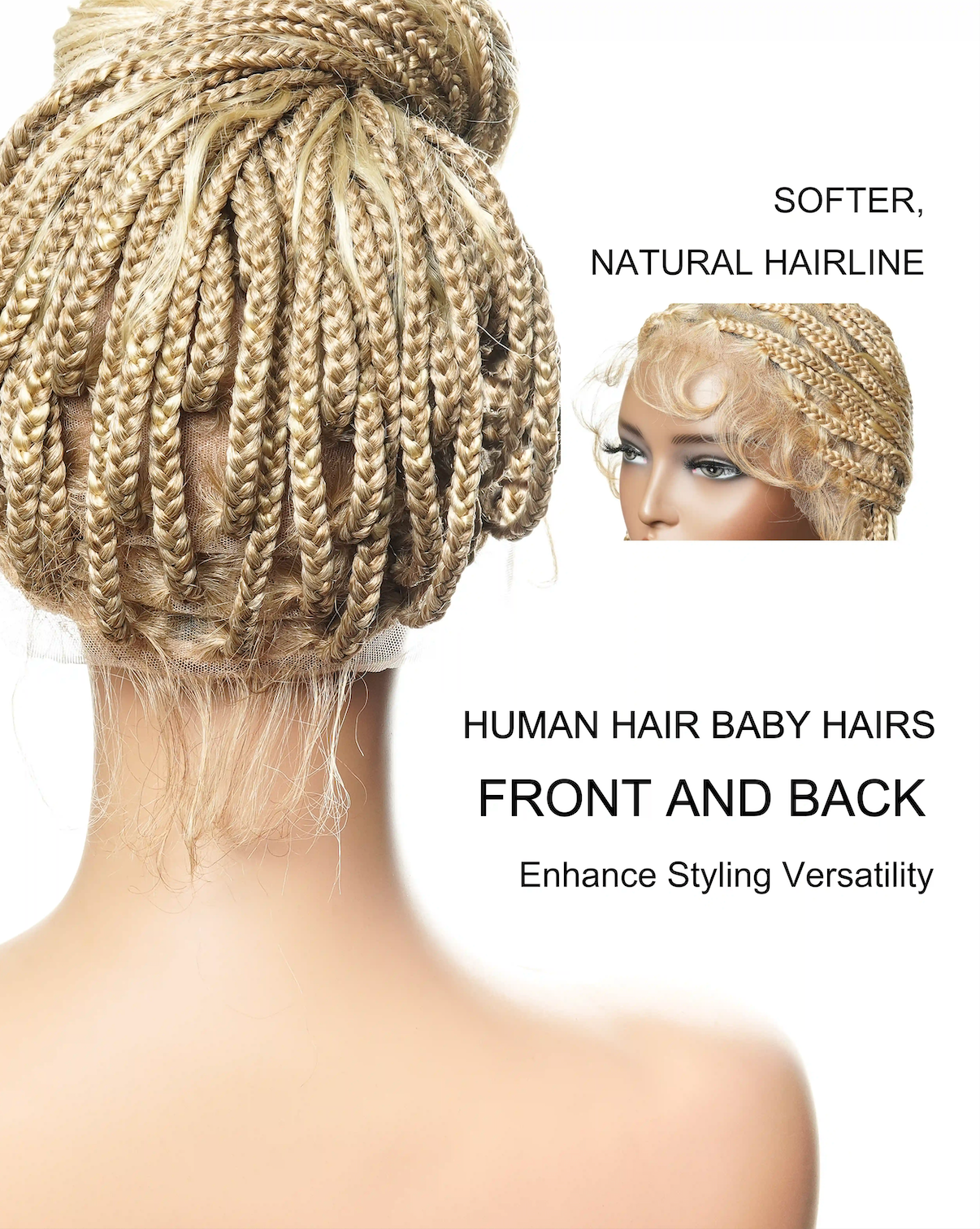 Perruque tressée de couleur 27/613 blond bouclée en forme de boîte boho