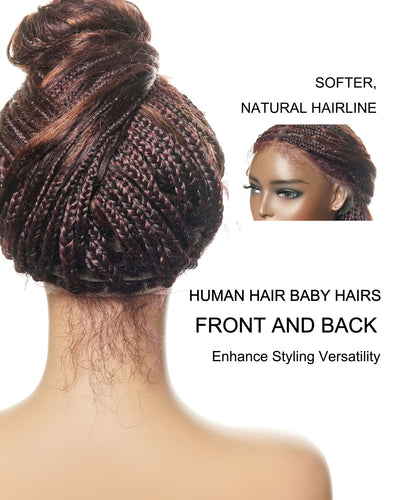 Perrque tressée de style bohème en dentelle suisse HD, cheveux humains bouclés ondulés, 24", couleurs mélangées bordeaux 99J et brun rougeâtre 33, 121 mèches