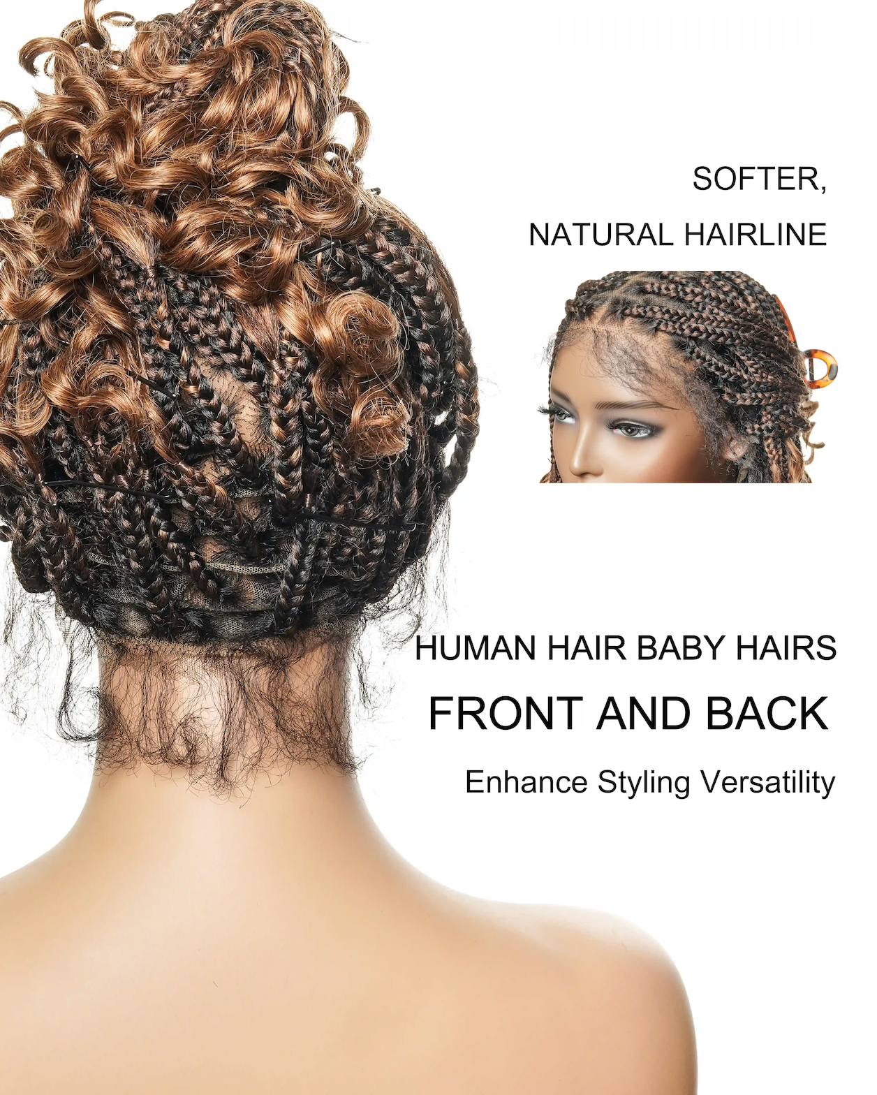 Nina - Perruque tressée sans colle, petite tête, bouts bouclés (bonnet petite taille pour petite tête)
