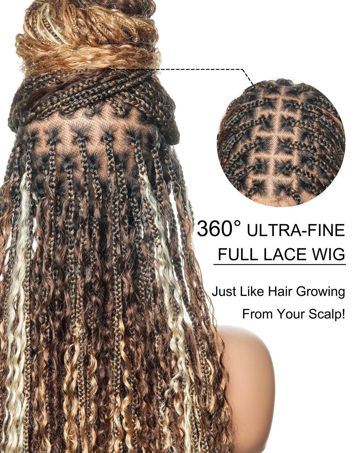 Solana - Cheveux Humains Pré-décolorés Dentelle Suisse HD Mélange Full Lace Couleur 1B 4 30 27 613 Perruque Tressée Boho Style Boho Box en Cheveux Humains