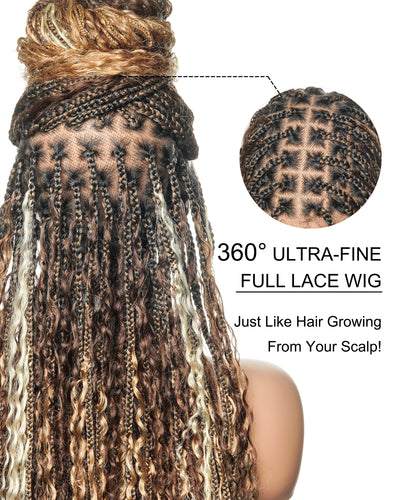 Solana - Cheveux Humains Pré-décolorés Dentelle Suisse HD Mélange Full Lace Couleur 1B 4 30 27 613 Perruque Tressée Boho Style Boho Box en Cheveux Humains