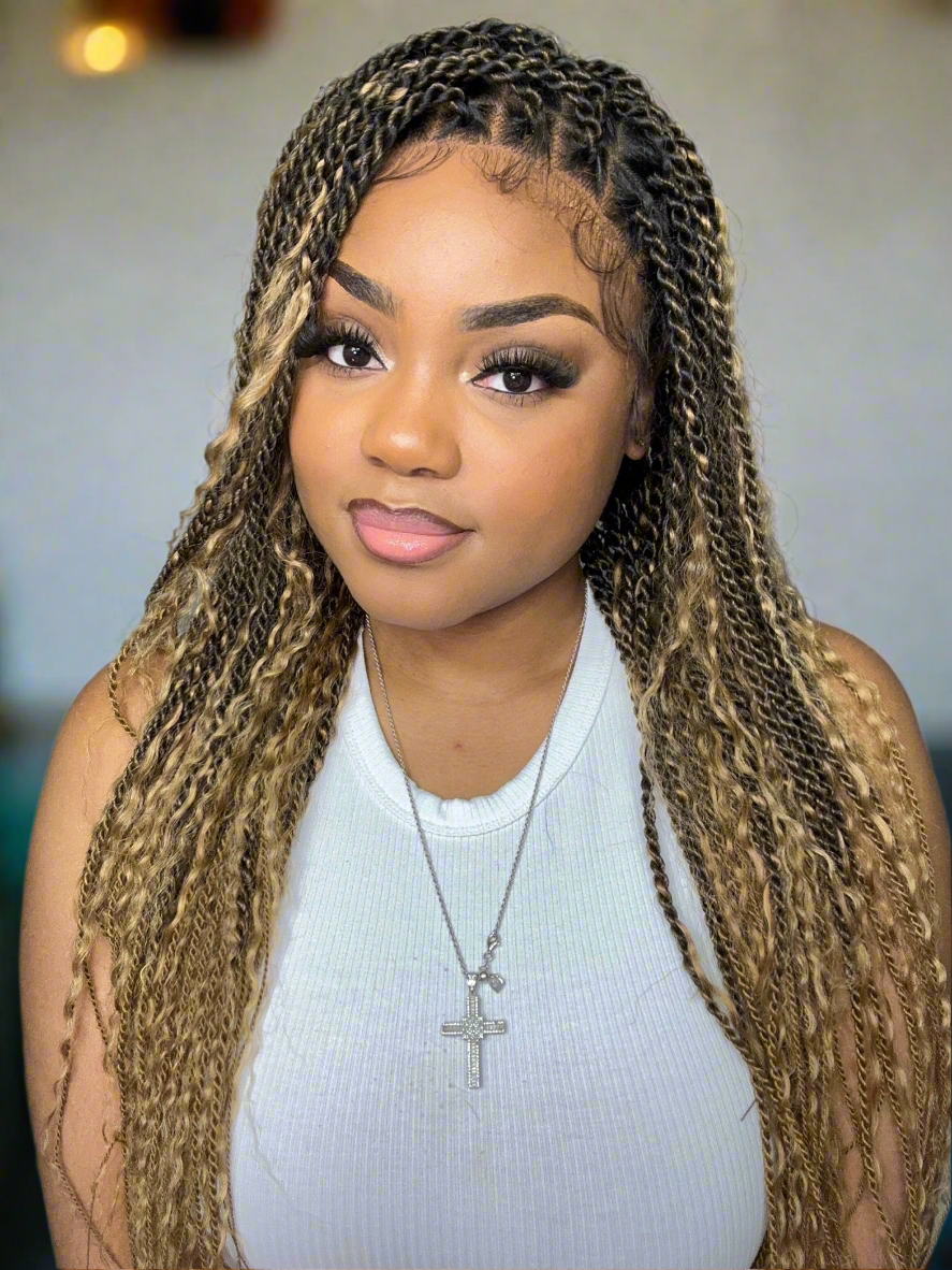 Perruque tressée Boho Island Twist de 30 pouces en cheveux humains HD Lace Blond Miel