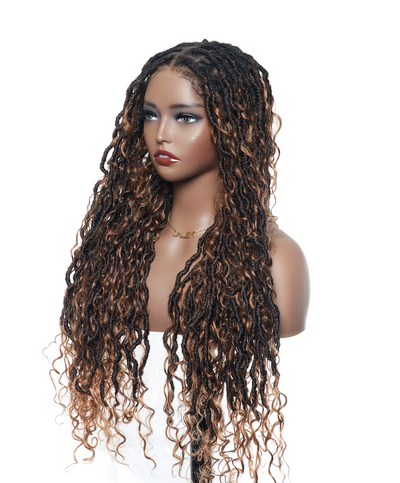 Perruque de Locs Boho sans nœuds en cheveux humains naturels avec boucles Boho et dentelle suisse HD, qualité salon