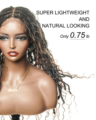 Perruque de Locs Boho sans nœuds en cheveux humains naturels avec boucles Boho et dentelle suisse HD, qualité salon