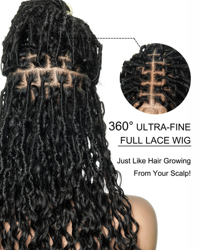 Lola - Perruque Boho Locs suisse HD pré-blanchie de 16 po avec boucles Boho en cheveux naturels