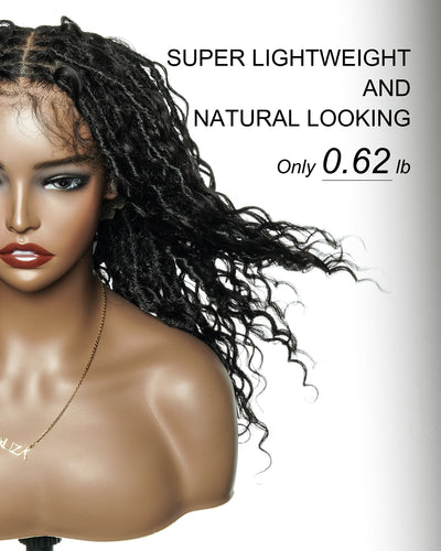 Lola - Perruque Boho Locs suisse HD pré-blanchie de 16 po avec boucles Boho en cheveux naturels
