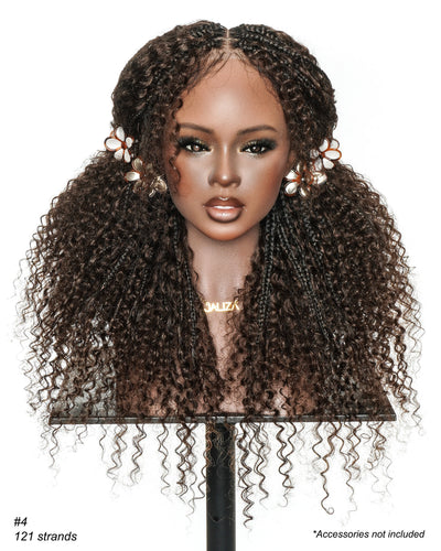 Lulu - Perruque bouclée HD Full Lace tressée à la main en cheveux humains, 24 pouces, marron foncé, pré-décolorée, style Bohème