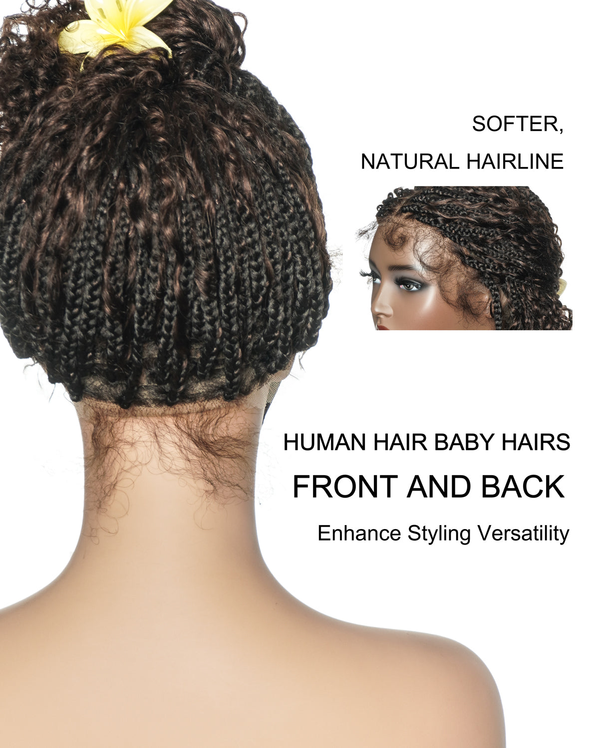 Lulu - Perruque bouclée tressée bohème sans colle, compatible petites têtes (Bonnet petit pour têtes menues)