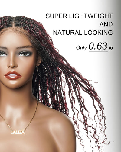 Perruque Boho tressée avec des boucles Boho en cheveux humains Full Lace HD, pré-décolorés, bordeaux foncé 99J, 100 mèches