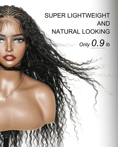 Avery - Perruque Tressée Complète en Cheveux Humains Pré-décolorés en 2 Étapes, Modèle Cornrows, avec Boucles Boho