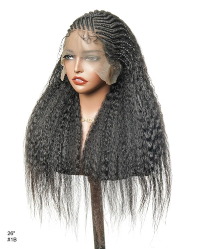 Perruque de 26" avec Couronne Semi-Tressée (Cornrows) Multiple et Cheveux Humains Crépus Extra Volumineux