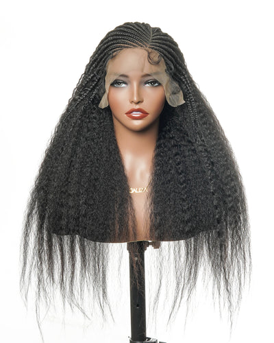 Perruque de 26" avec Couronne Semi-Tressée (Cornrows) Multiple et Cheveux Humains Crépus Extra Volumineux