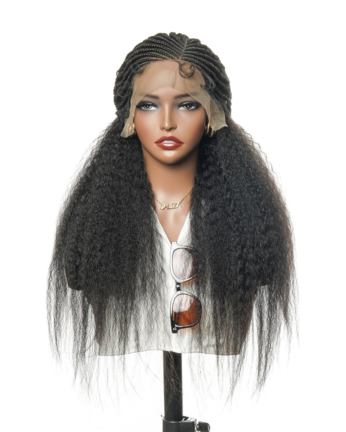 Perruque de 26" avec Couronne Semi-Tressée (Cornrows) Multiple et Cheveux Humains Crépus Extra Volumineux