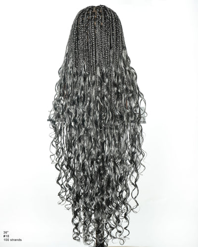 Perruque Tressée Boîte Sans Nœuds en Cheveux Humains Bouclés Français, Mélange Sel et Poivre, 36"