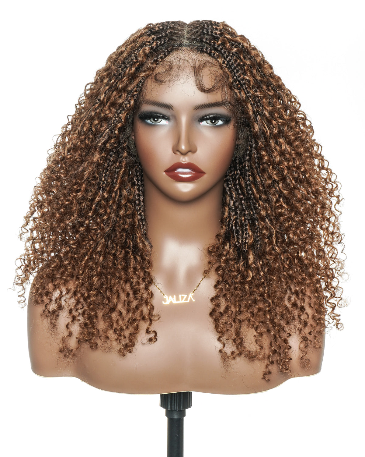 Perruque tressée Lulu Light - Couleur marron Bora Bora 18" - Cheveux humains bouclés Boho tressés en boîte, dentelle complète HD, pré-décolorée
