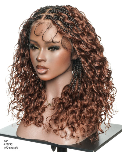 Kiki - Perruque sans colle avec tresses bohèmes bouclées en cheveux humains, couleur #33 Auburn Foncé, 40cm