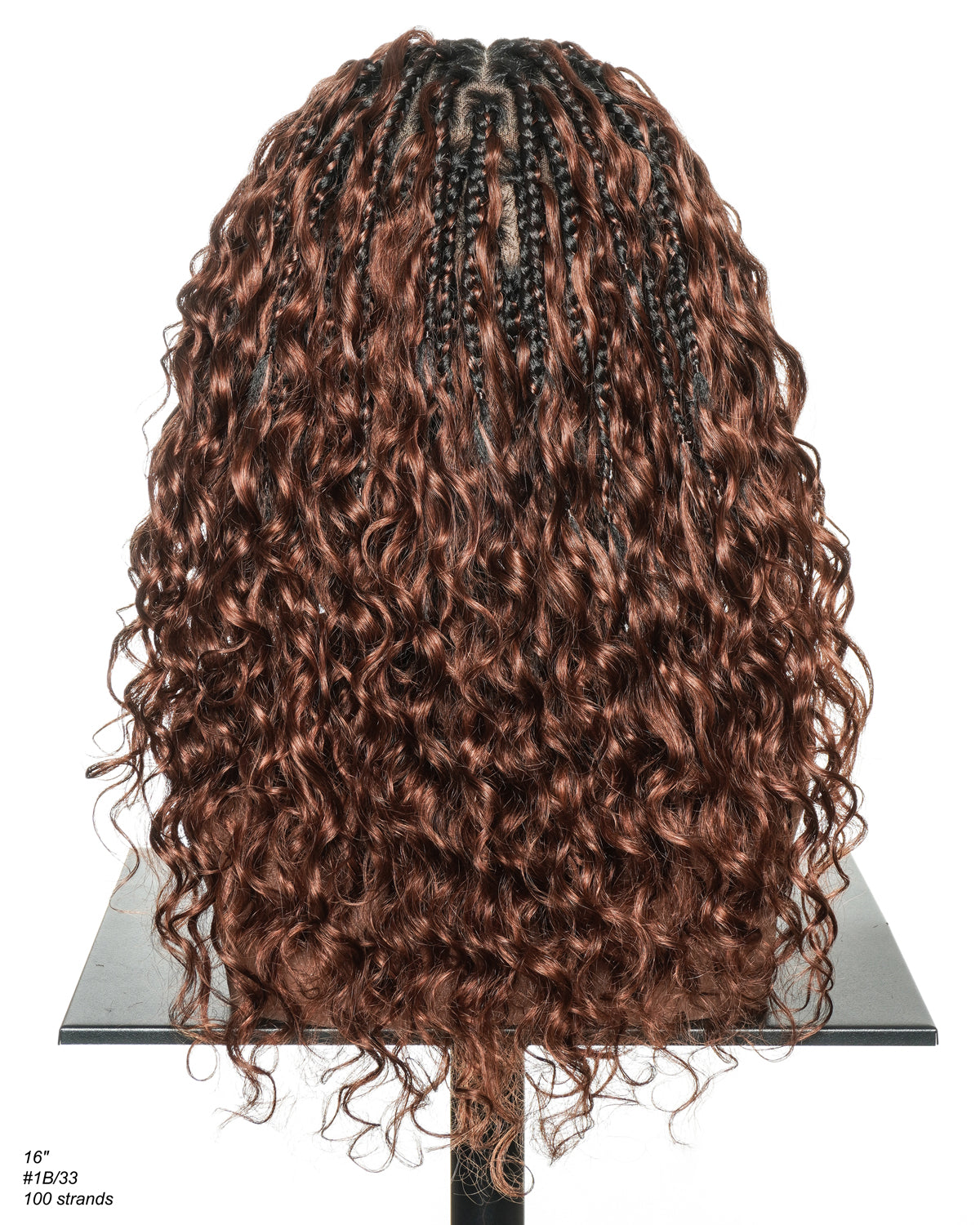Kiki - Perruque sans colle avec tresses bohèmes bouclées en cheveux humains, couleur #33 Auburn Foncé, 40cm