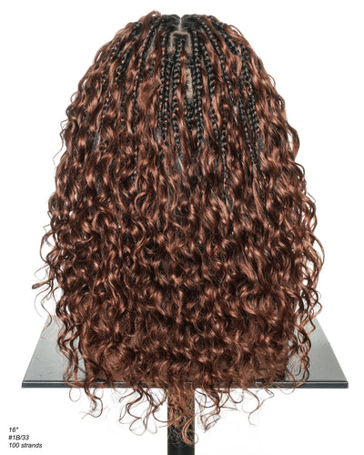 Kiki - Perruque sans colle avec tresses bohèmes bouclées en cheveux humains, couleur #33 Auburn Foncé, 40cm