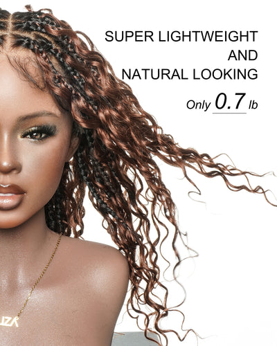 Kiki - Perruque sans colle avec tresses bohèmes bouclées en cheveux humains, couleur #33 Auburn Foncé, 40cm