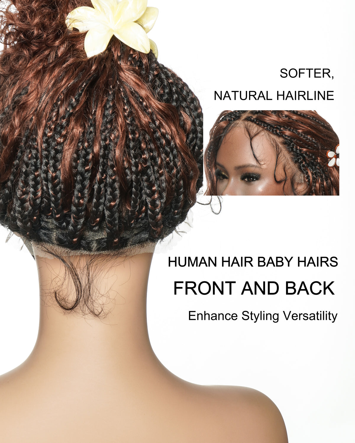 Kiki - Perruque sans colle avec tresses bohèmes bouclées en cheveux humains, couleur #33 Auburn Foncé, 40cm