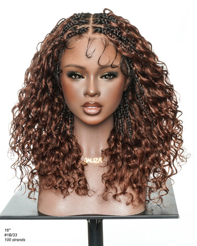 Kiki - Perruque sans colle avec tresses bohèmes bouclées en cheveux humains, couleur #33 Auburn Foncé, 40cm