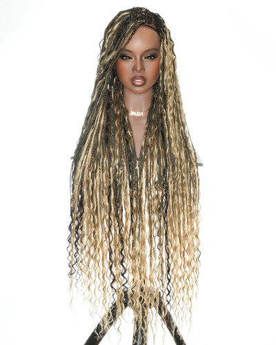 Perruque tressée bohème de 36 po - dentelle suisse HD et boucles de cheveux humains - mélange 1B/27