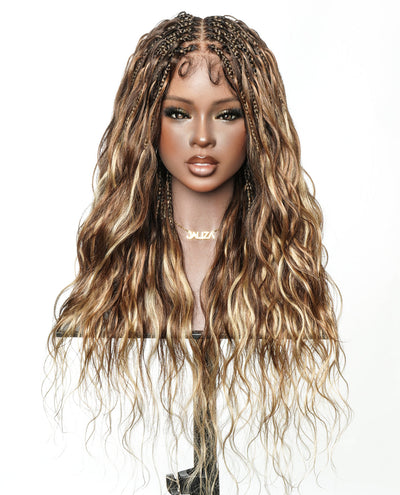 Faithfully Asia Design - Perruque sans colle tressée "Bora Bora Boho Box" ondulée de 26" couleur balayage 4-30-27