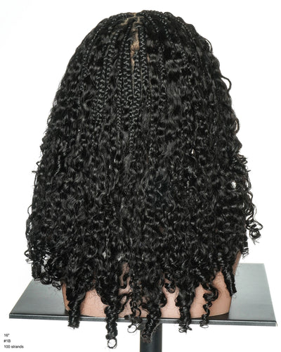 Perruque tressée de 16" avec tresses bohèmes et boucles bohèmes en cheveux naturels, roulée aux doigts, Swiss HD, entièrement lacée