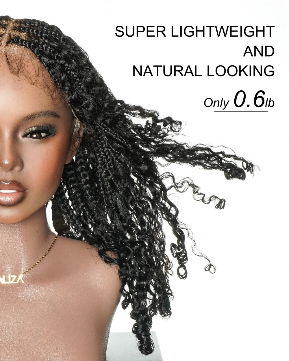 Perruque tressée de 16" avec tresses bohèmes et boucles bohèmes en cheveux naturels, roulée aux doigts, Swiss HD, entièrement lacée