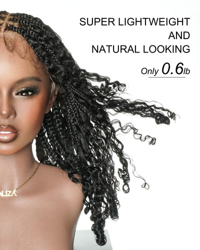 Perruque tressée de 16" avec tresses bohèmes et boucles bohèmes en cheveux naturels, roulée aux doigts, Swiss HD, entièrement lacée