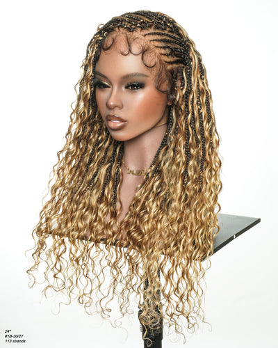 Avery Fulani Cheveux Humains Perruque Sans Colle Lace Suisse HD Tressée en Cornrows Devant Tresses Boîte Bohème Ondulées 60 cm